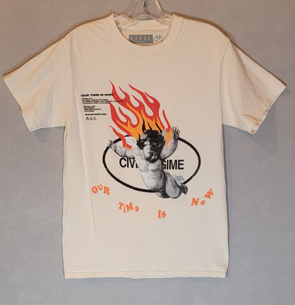 Civil Regime Graphic T-Shirt Small Cream Cherub Angel Flames Our Time Is Now